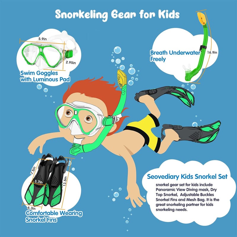 Seovediary Kids Snorkel Set, Mask Fins Snorkeling Gear for Kids Anti-Fog Swim Goggles 180 Panoramic View Dry Top Snorkel and Dive Flippers Combo with Travel Bag for Snorkeling Training Swimming Diving - Image 4